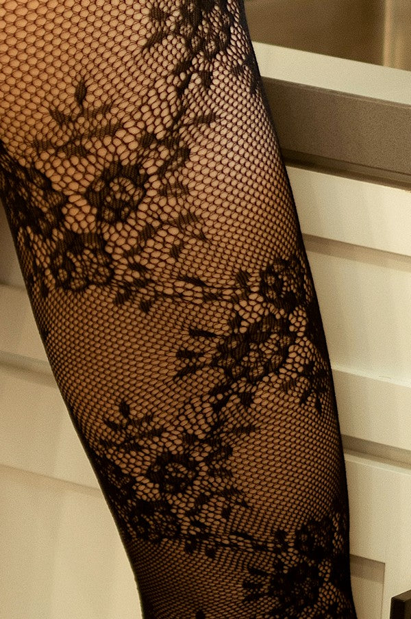 Lady's Floral Frame Pattern Fishnet Tights