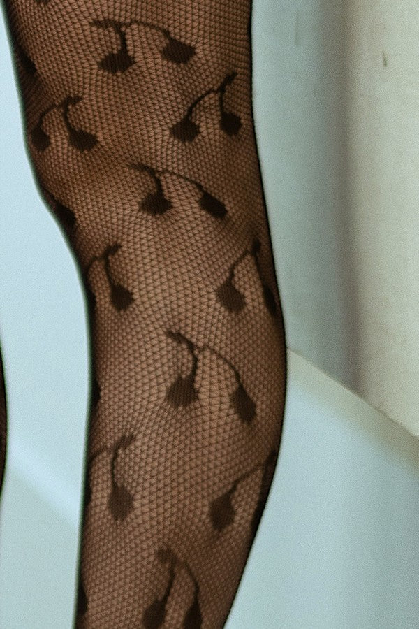 Lady's Cherry Pattern Fishnet Tights